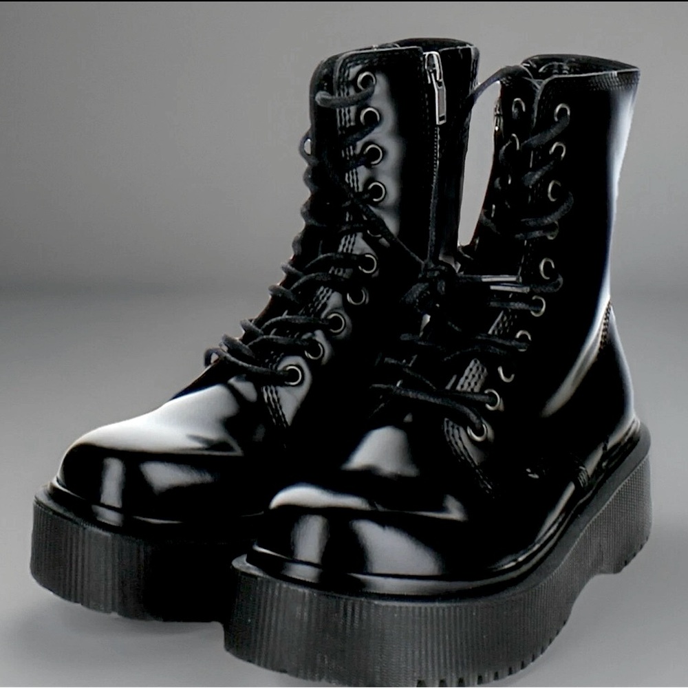 Jeffrey Campbell Sopas Black Leather Lugged Platform Zip/Lace Up Womens Boot 6.5